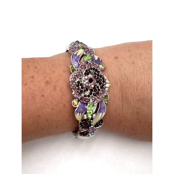 Bracelet Flowers Rhinestones Enamel Cuff Silver Tone 6.5” - Picture 6 of 8